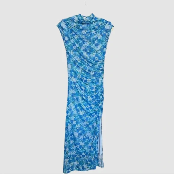Anthropologie The Maya Ruched Cowl-Neck Dress Mesh Edition Blue Floral Dress - Picture 2 of 16